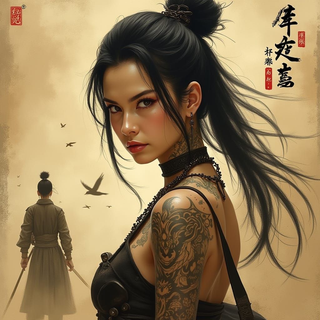 Impressionistic Portrait of a Powerful Female Warrior in Sep...