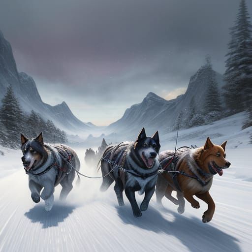 Dogs Pulling Sled Through Snowy Landscape