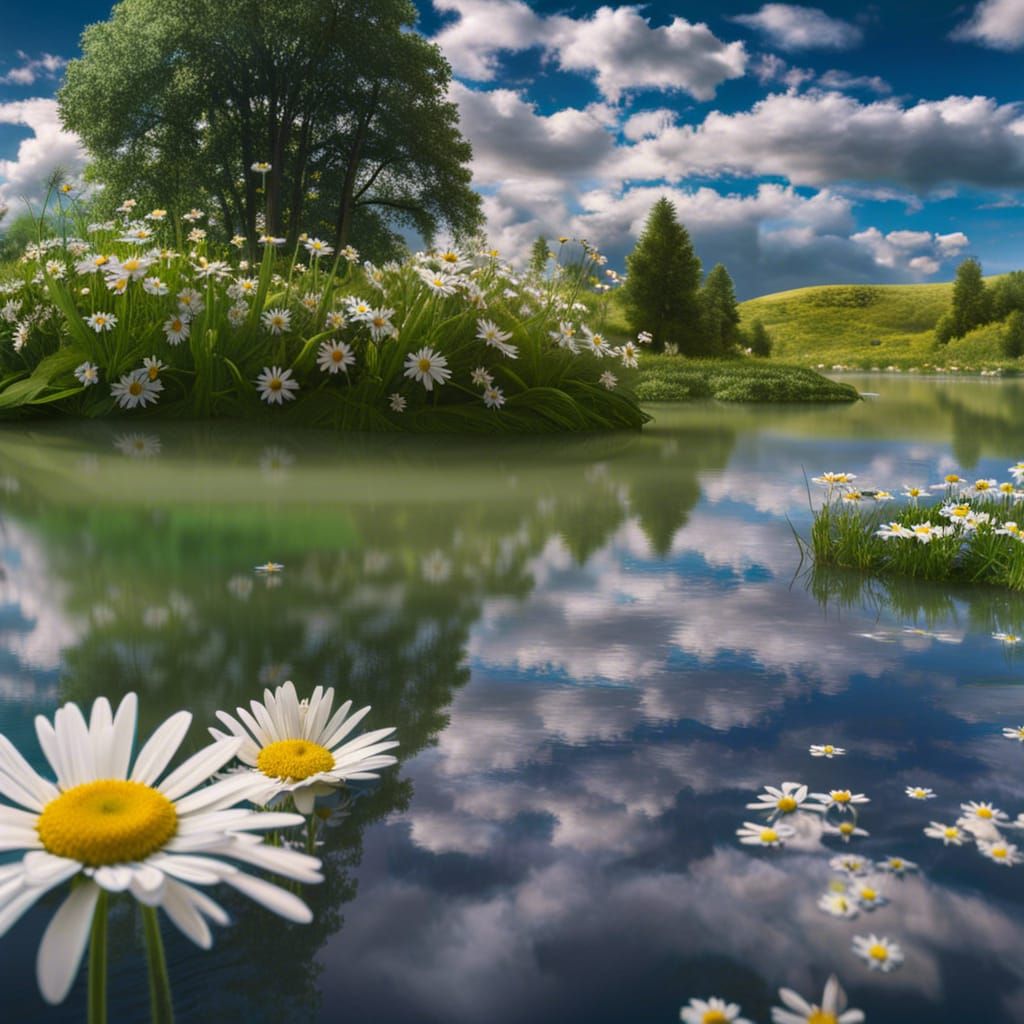 Lake Reflection in Daisy Field: Matte Painting