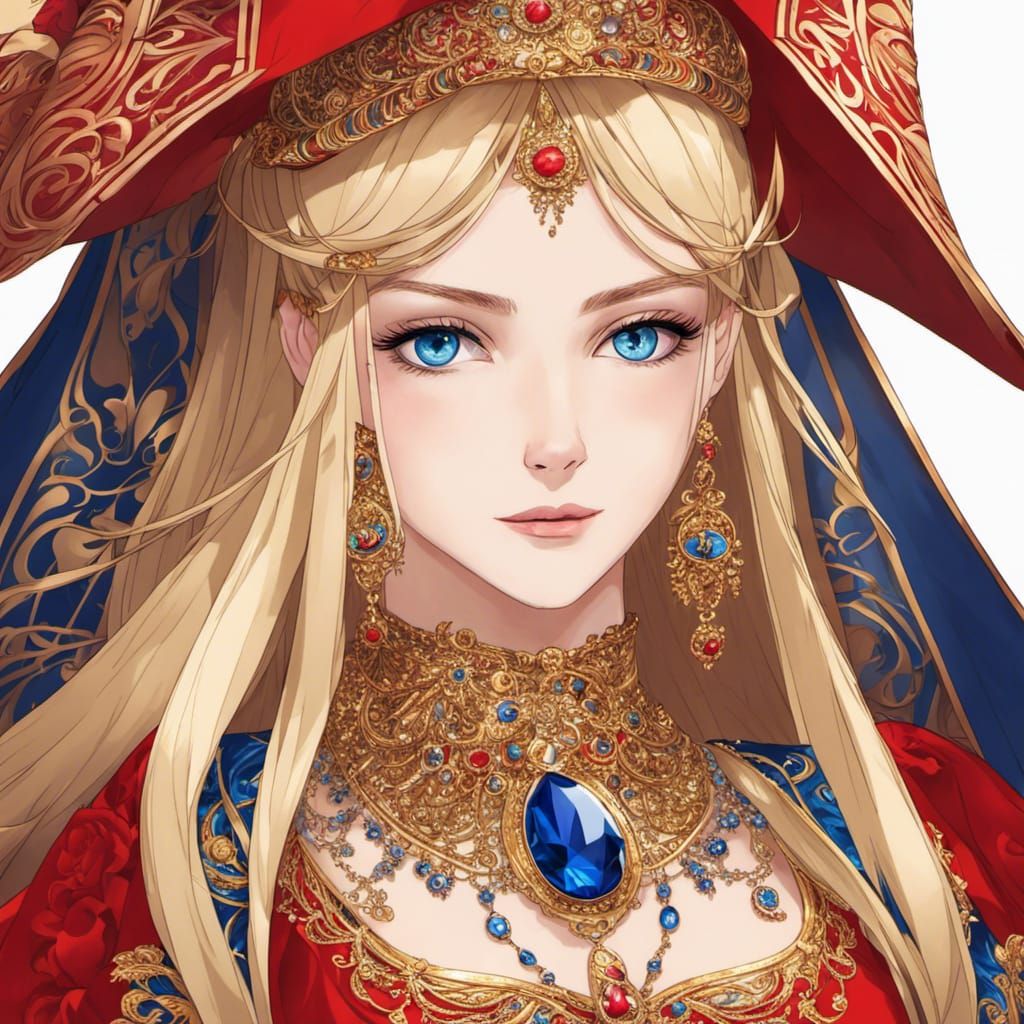 Anime Portrait: Blonde Woman with Red Dress in Manga Style