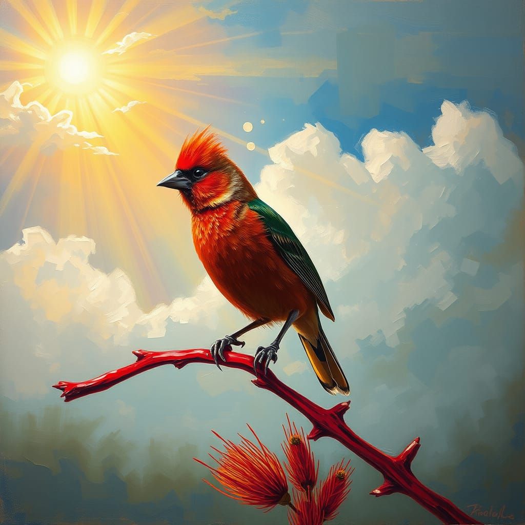 boorin finch sitting on the branch of a red bottlebrush