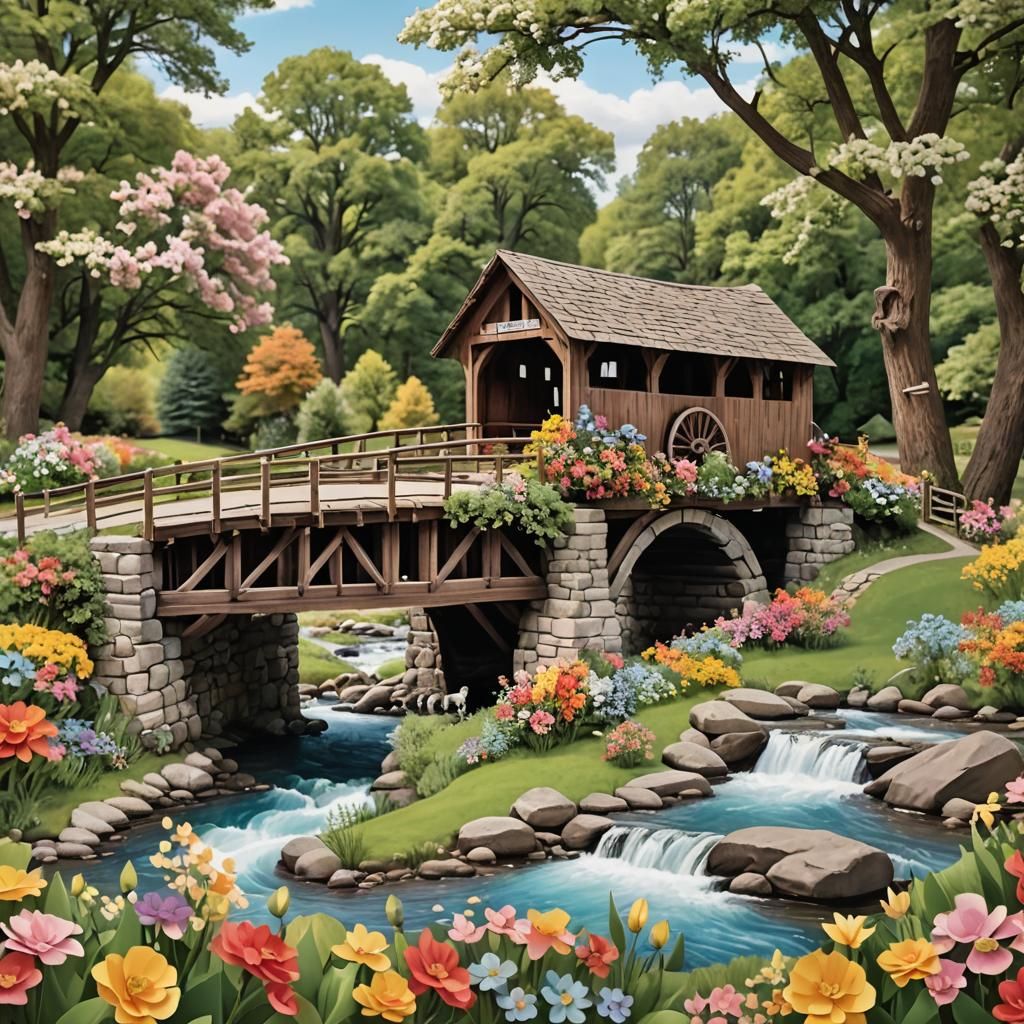 Floral Covered Bridge with Horse-Drawn Wagon