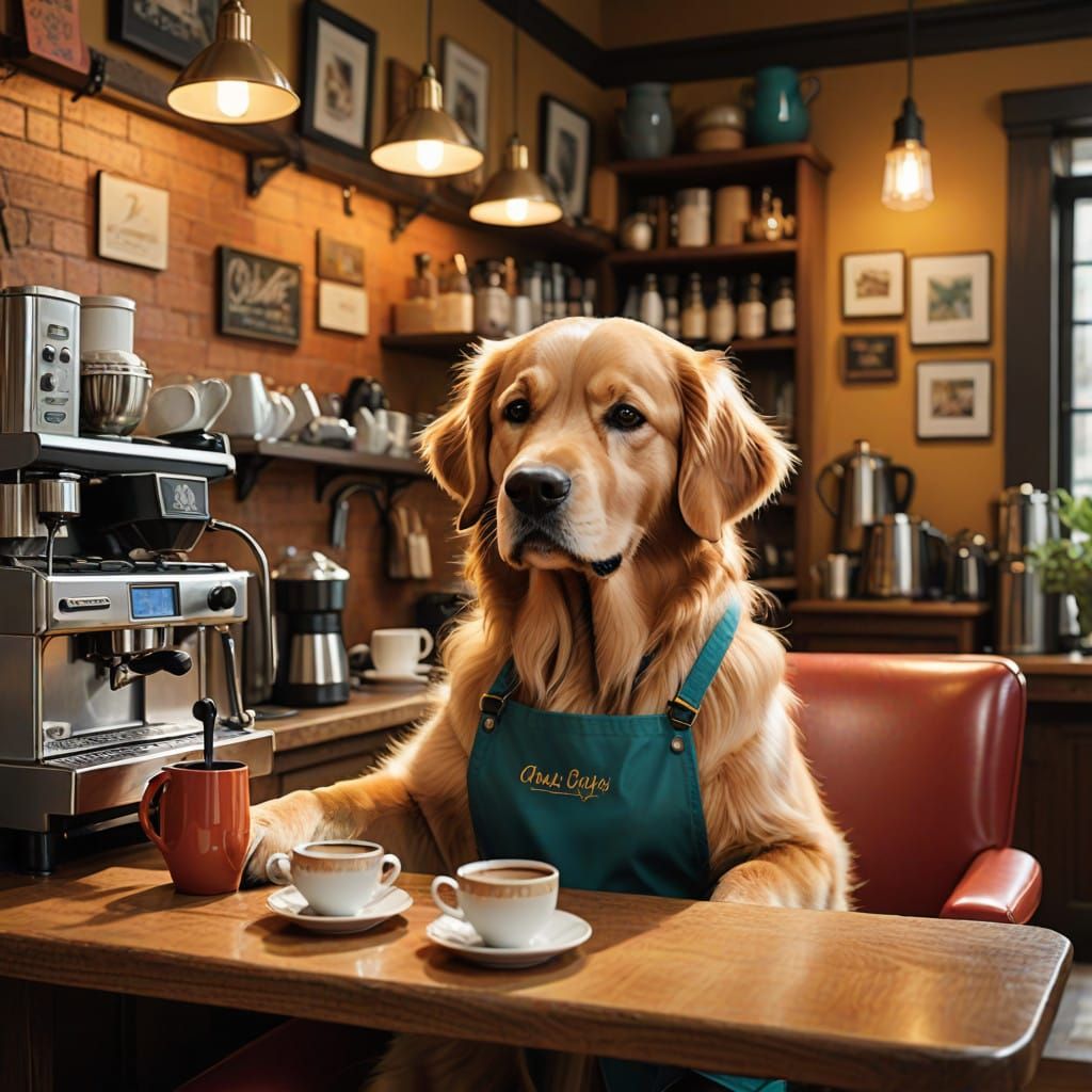 Golden Retriever Barista in Cozy Café