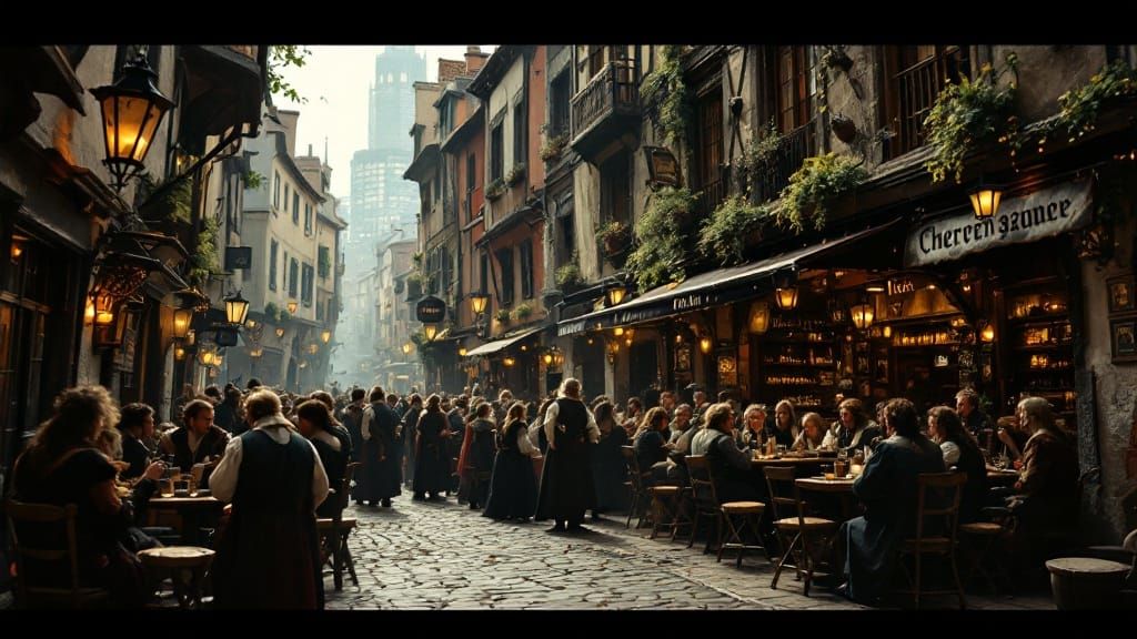 Medieval Tavern Meets Modern Cityscape