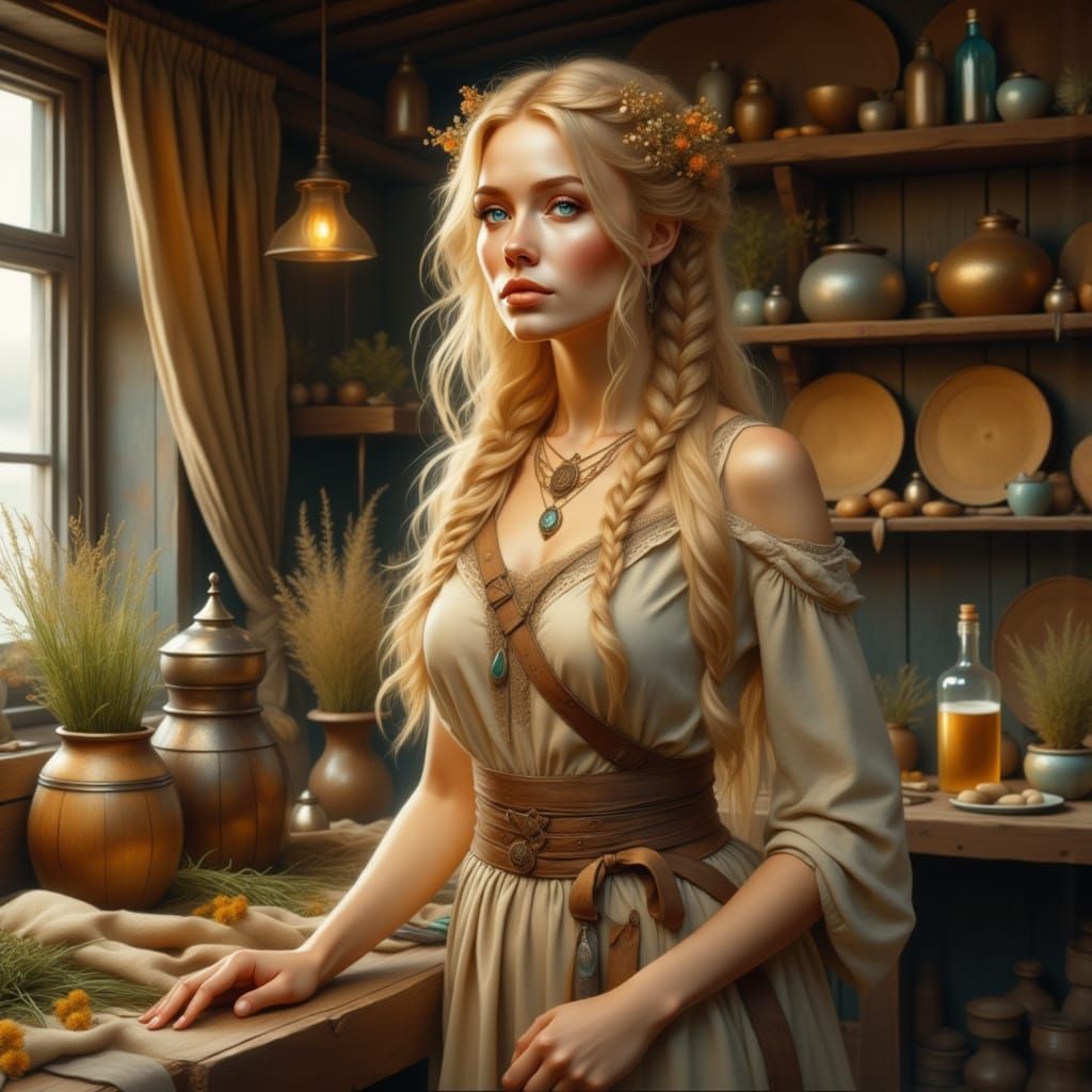 Ethereal Viking Woman Stirring Mead in Longhouse