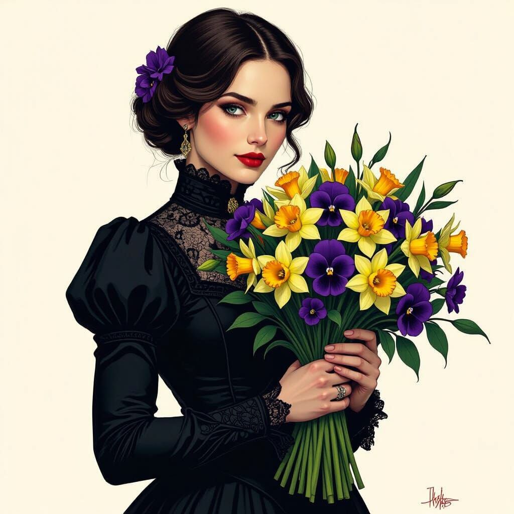 Victorian Woman with Tattoo Bouquet