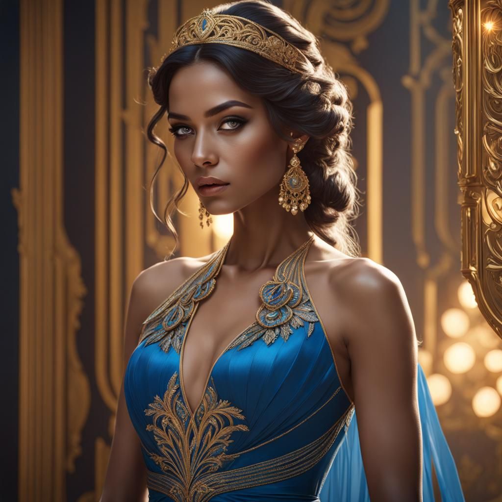 Azure Gown Portrait in Art Nouveau Style