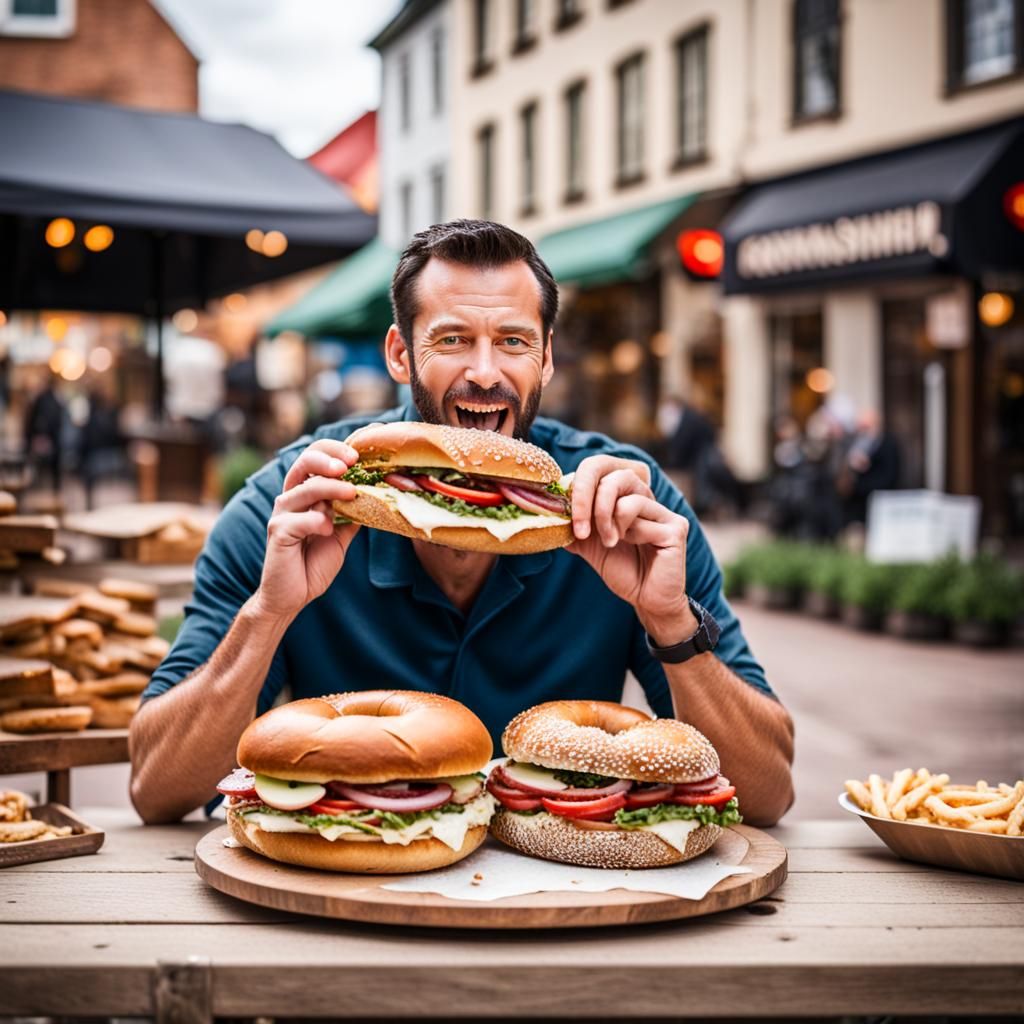 Man Eats Giant Bagel Sandwich, Professional Photography
