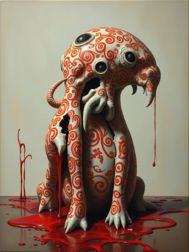 Delicate Monster in Flowing Kimono, Oil Painting Style