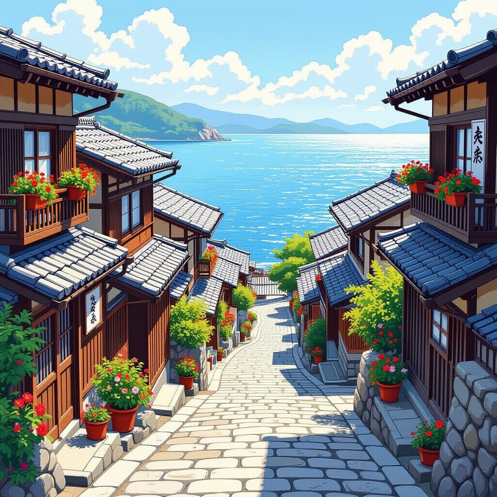 Japanese Seaside Village in Hiroshige Style