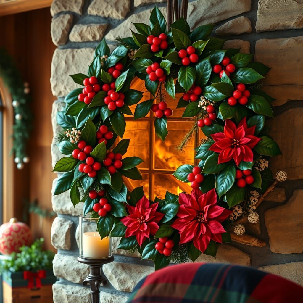 Cozy Christmas Wreath by the Fire in a Rustic Cottage