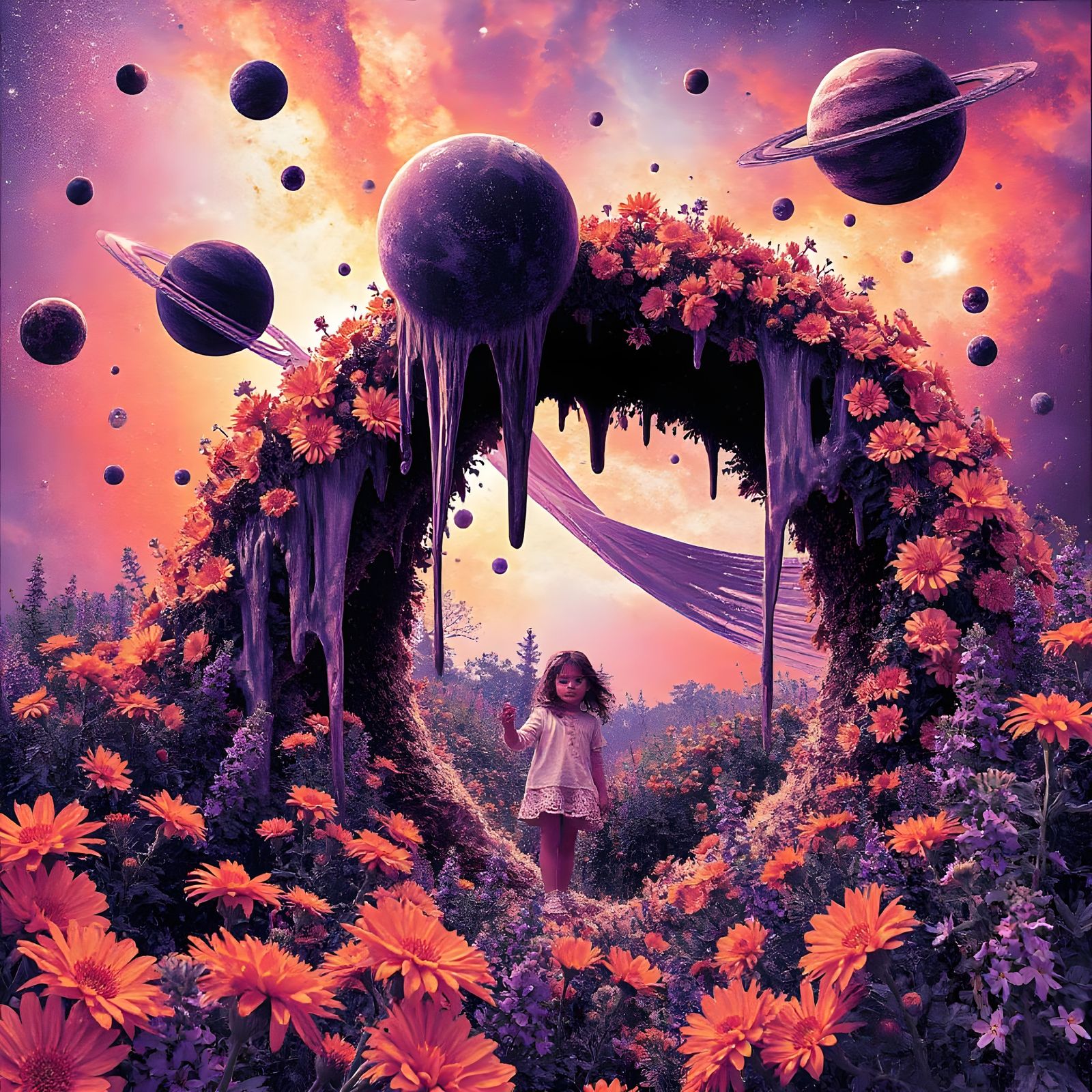 Galactic Garden of Vibrant Blooms in Purple and Orange