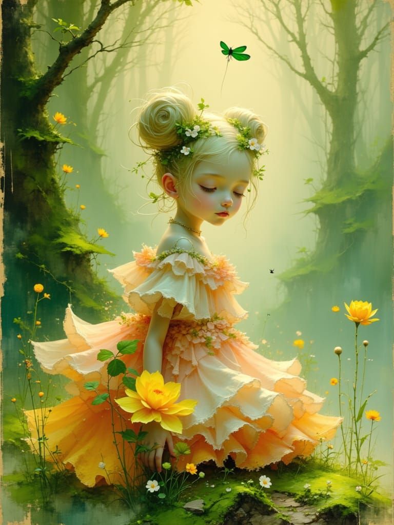 Ethereal Toddler Dreams in Mossy Forest, Watercolor Style