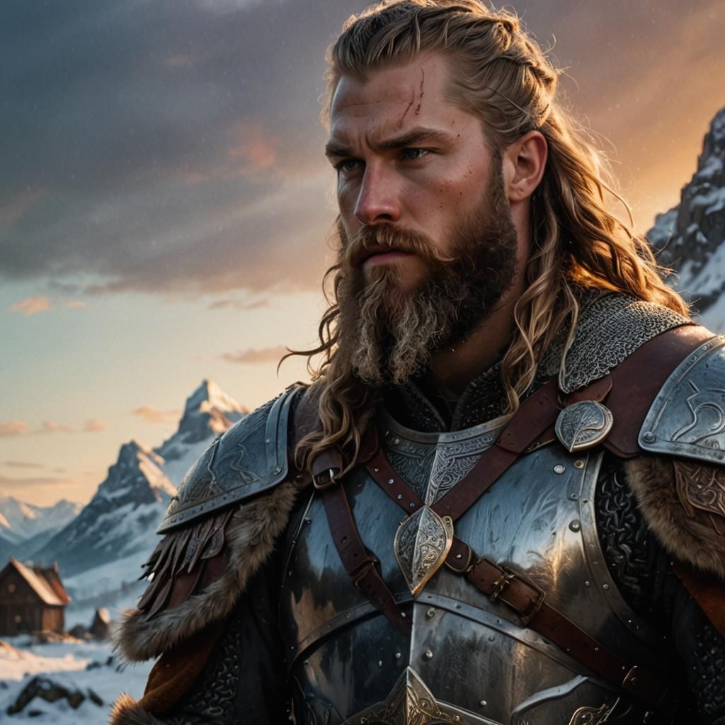 Viking Guard Portrait in Snowy Landscape