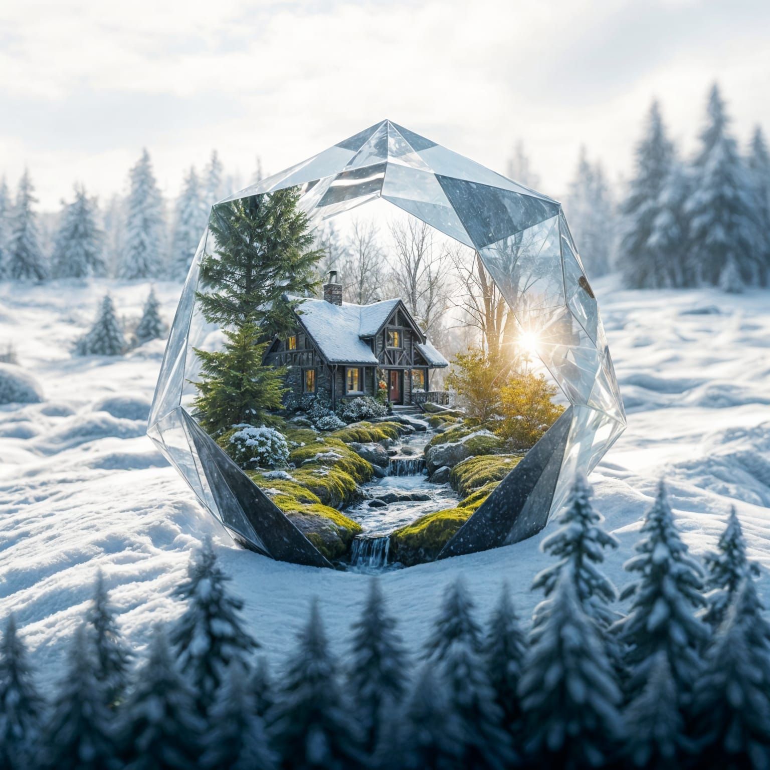 Perfect Crystal Dodecahedron Holds Summer Wonderland Scene i...