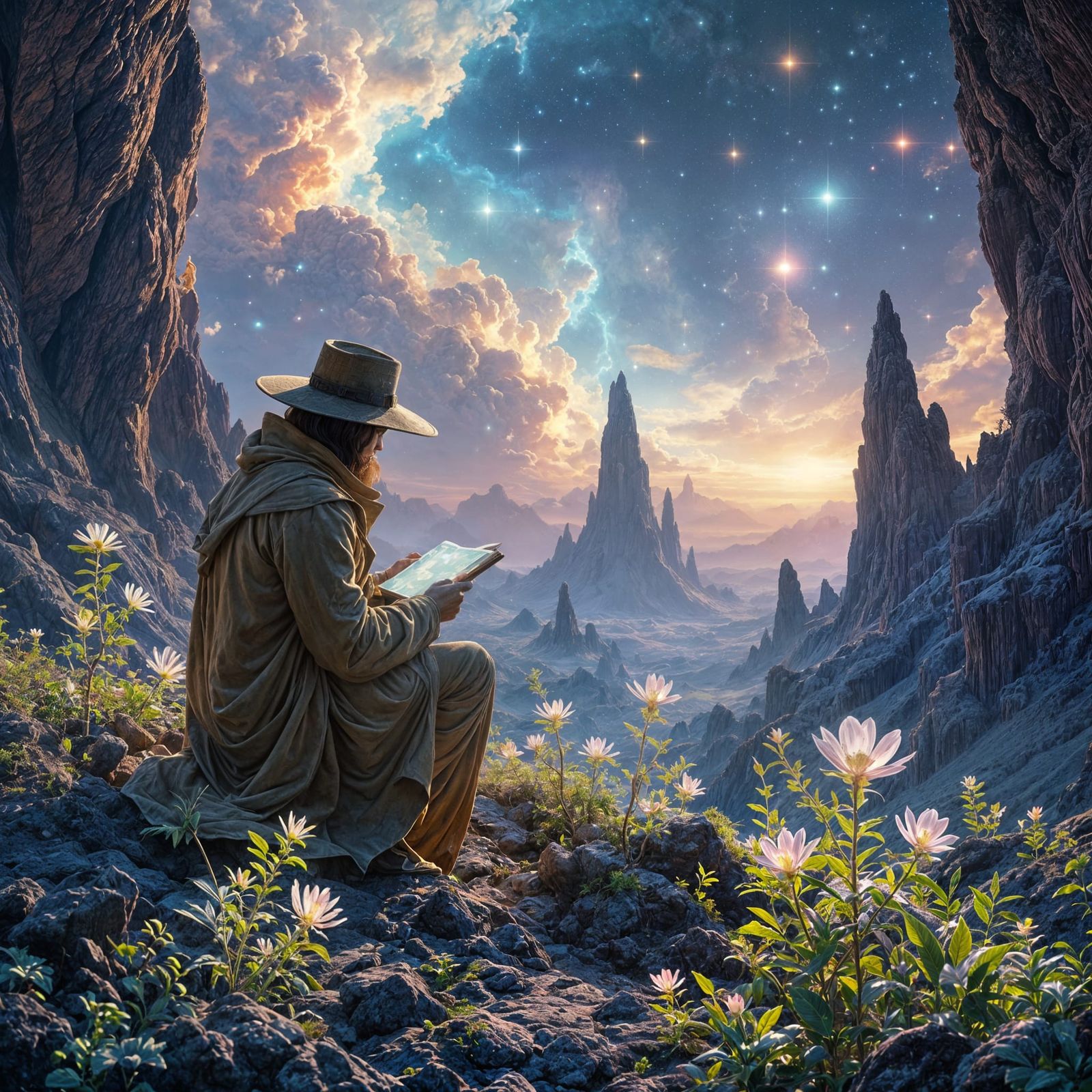 Botanist on Asteroid Amidst Bioluminescent Flora