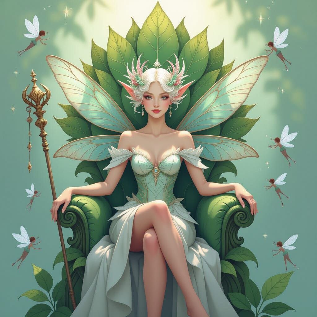 Ethereal Fairy Queen on Leaf Throne, Chalk Illustration