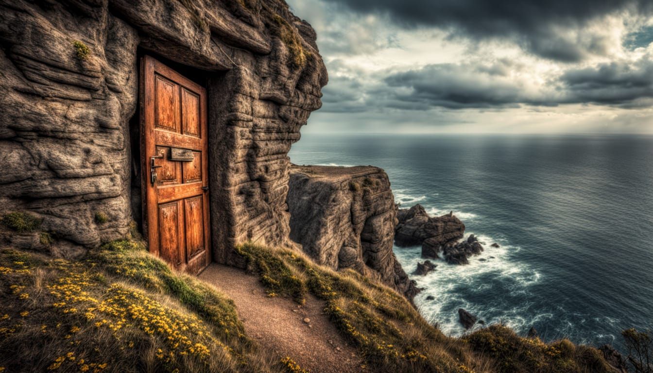 Mysterious Door on Cliff Edge, Hyperrealistic and Cinematic