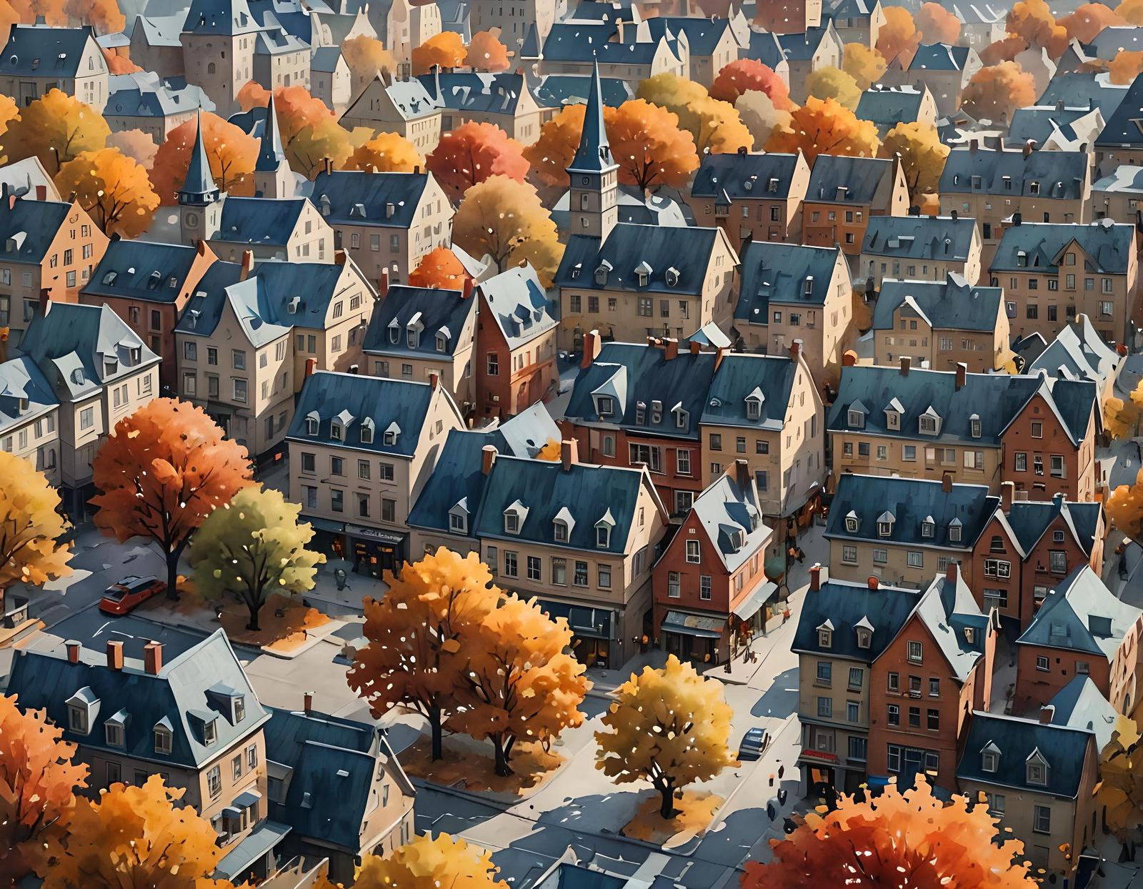 Autumn Holiday in Watercolor Cityscape