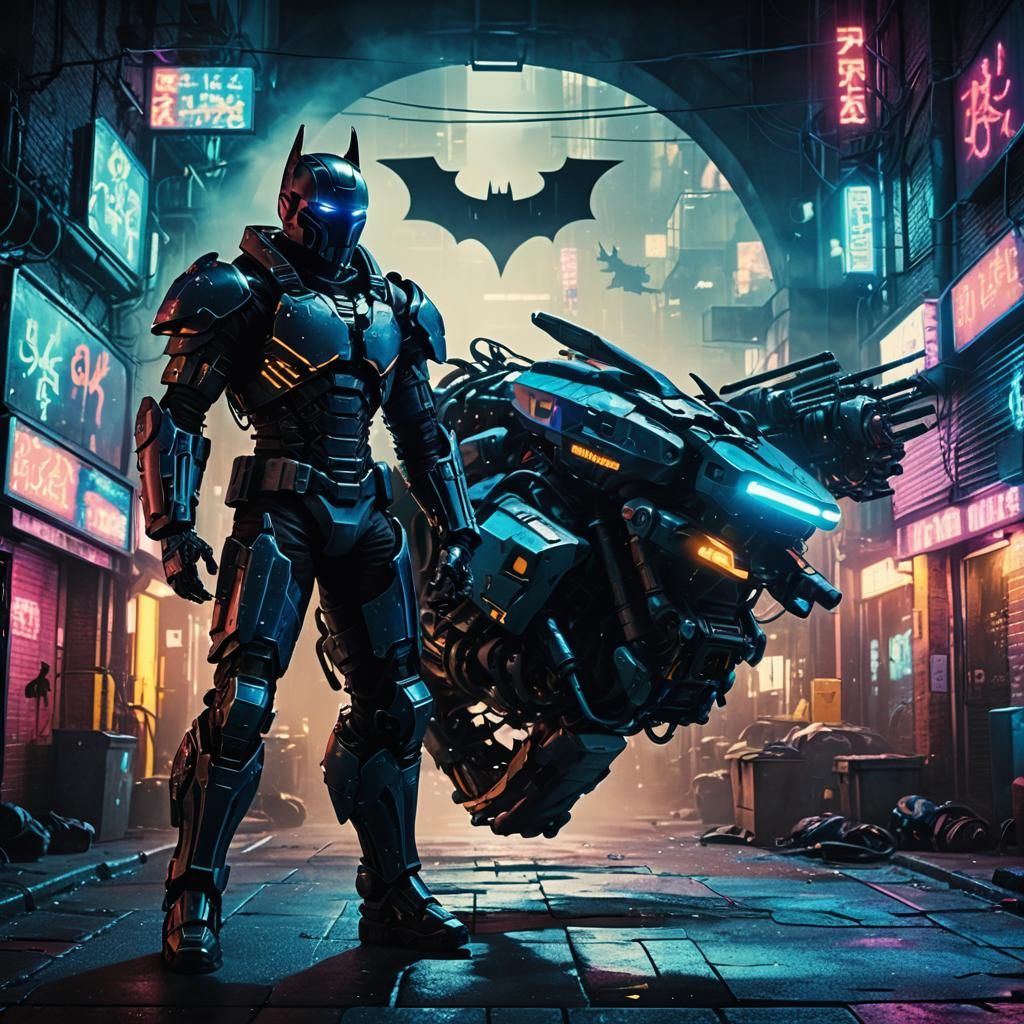 Cyberpunk Dark Knight in Neon Alleyway