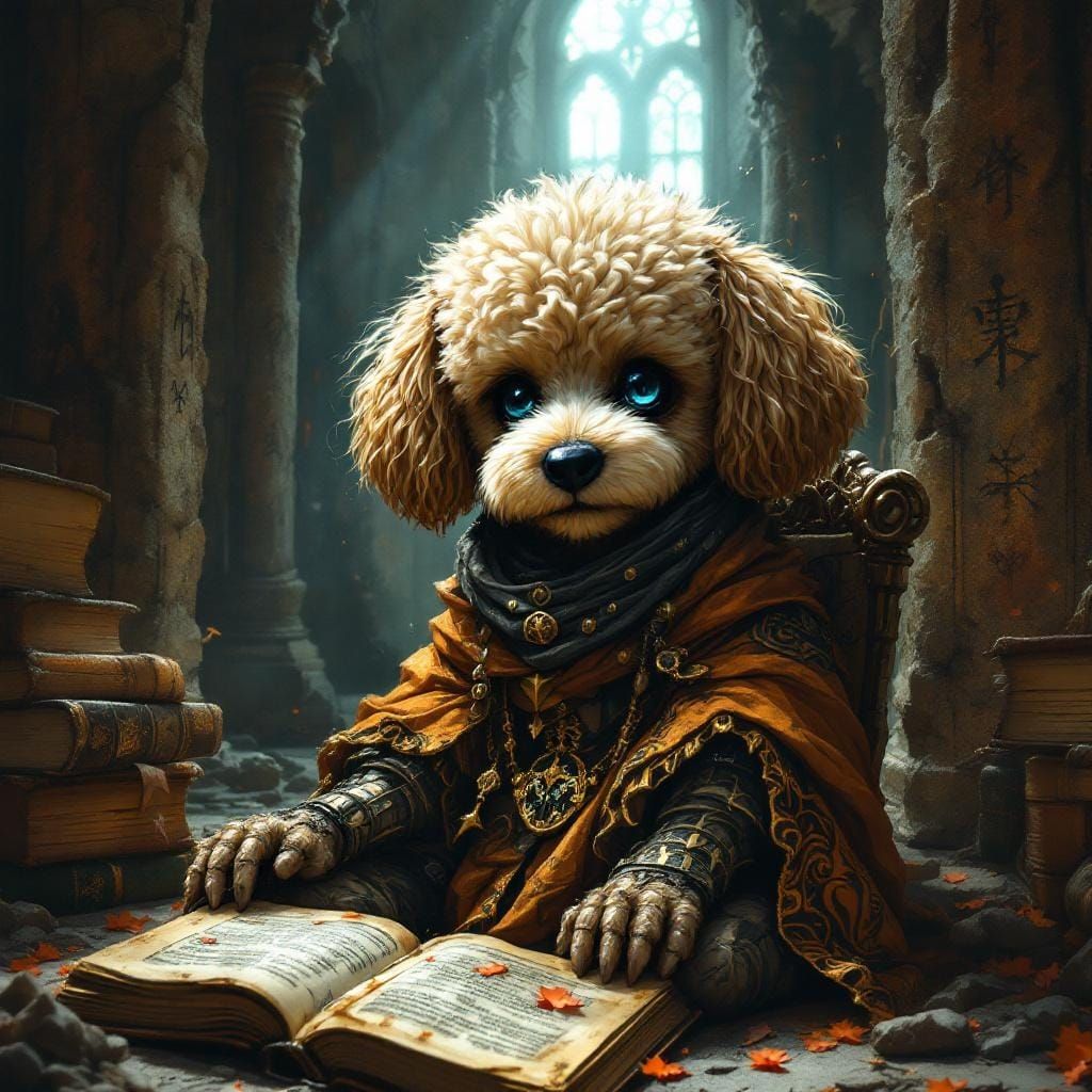 Chibi Poodle Lich-King in Ruined Library: Oil Realism