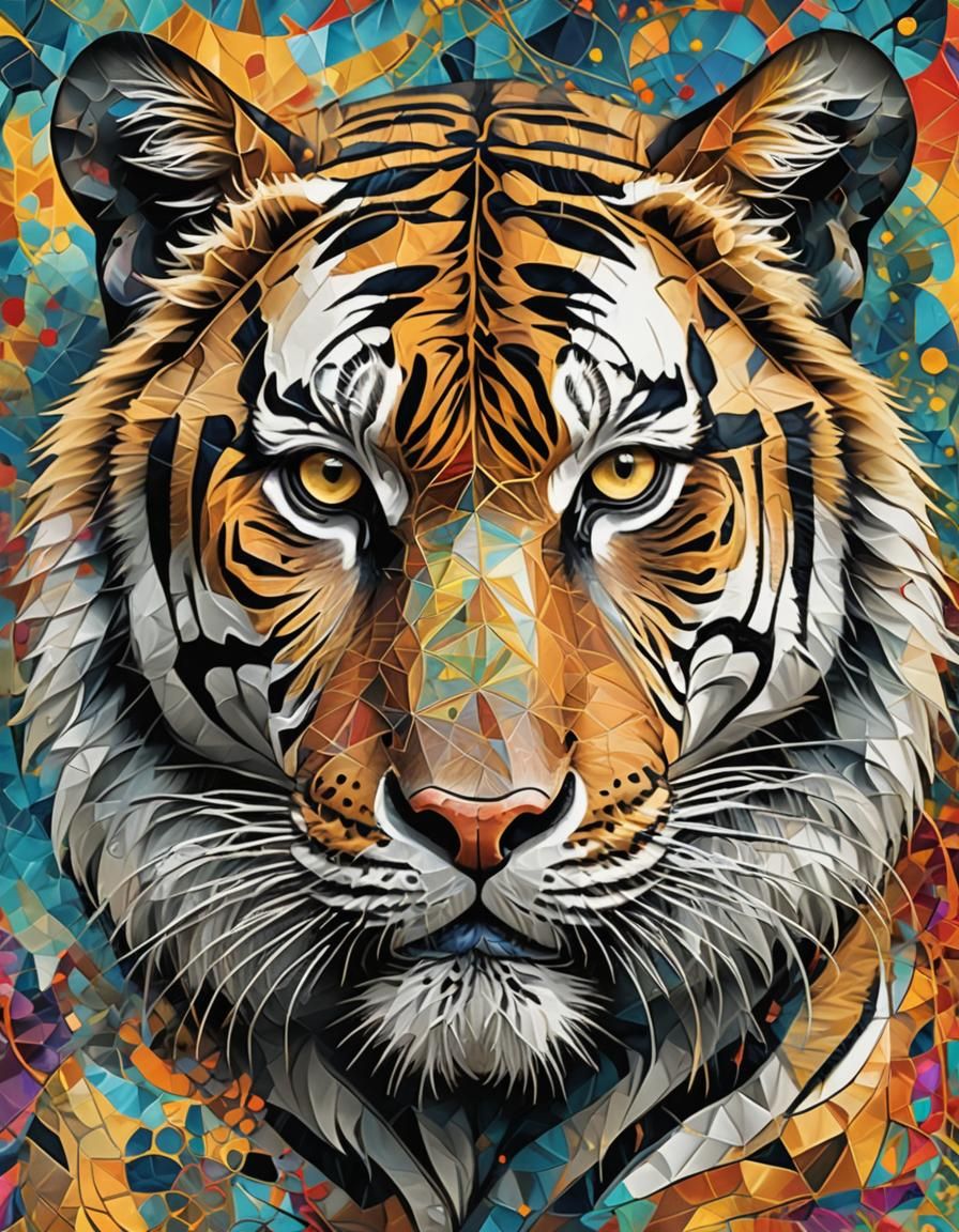 Vibrant Cubist Tiger Portrait in Fractal Colors