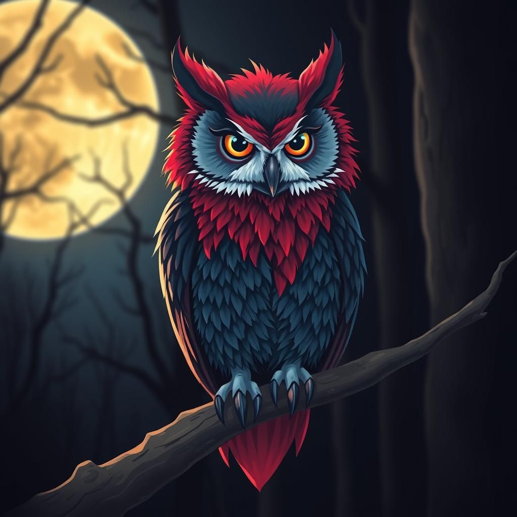 Red, Black, and Blue Wolf-Like Owl