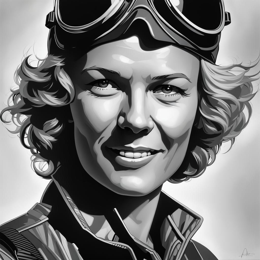 Amelia Earhart Portrait in Pencil, Black and White