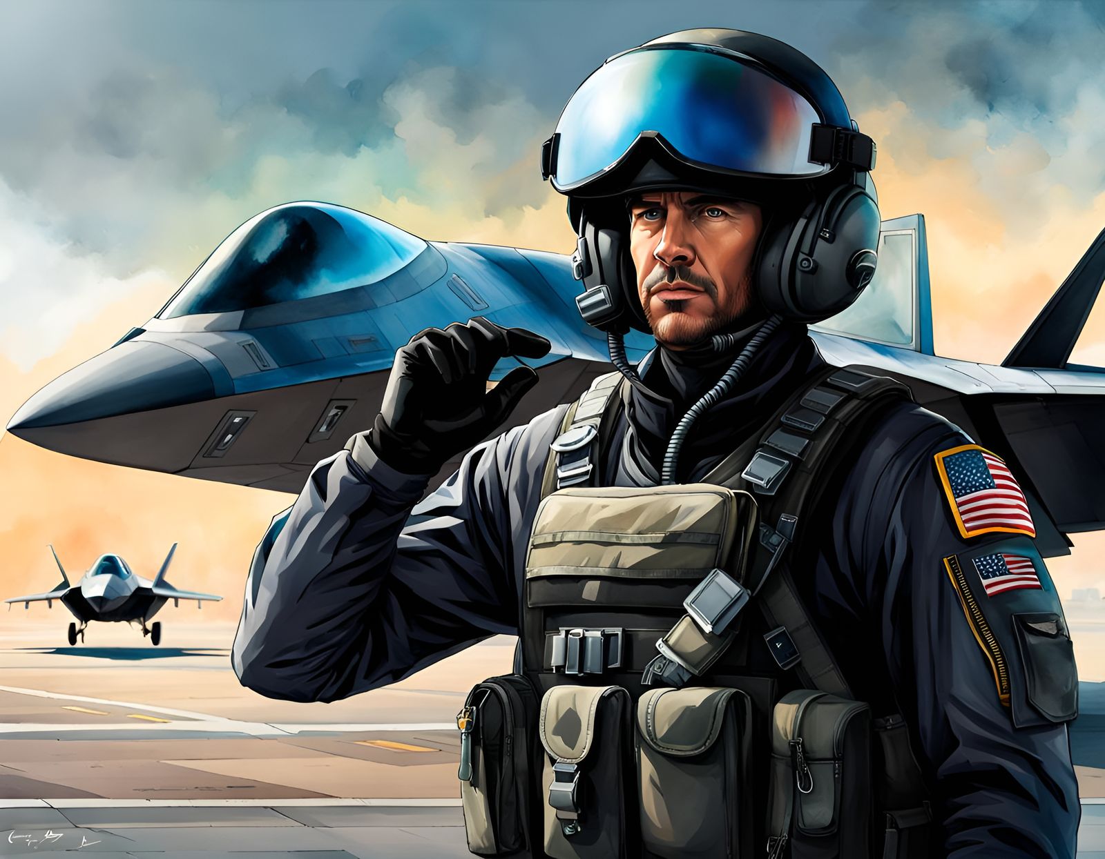 F-22 Combat Jet Pilot in Watercolor Illustration