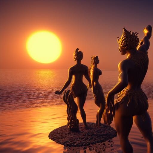 Golden Beach Statues at Sunset: Detailed Matte Painting