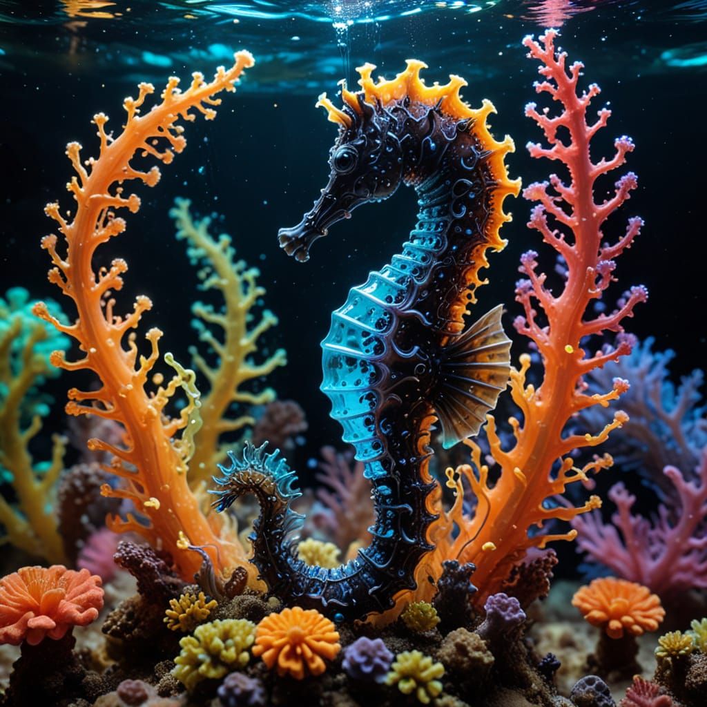 Ferrofluid Seahorse in a Vibrant 4D Tesseract