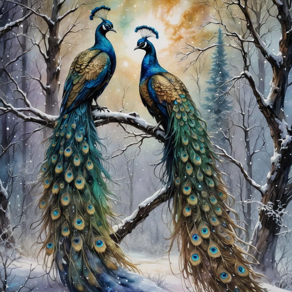 Crystalline Peacocks in Starlight Meadow