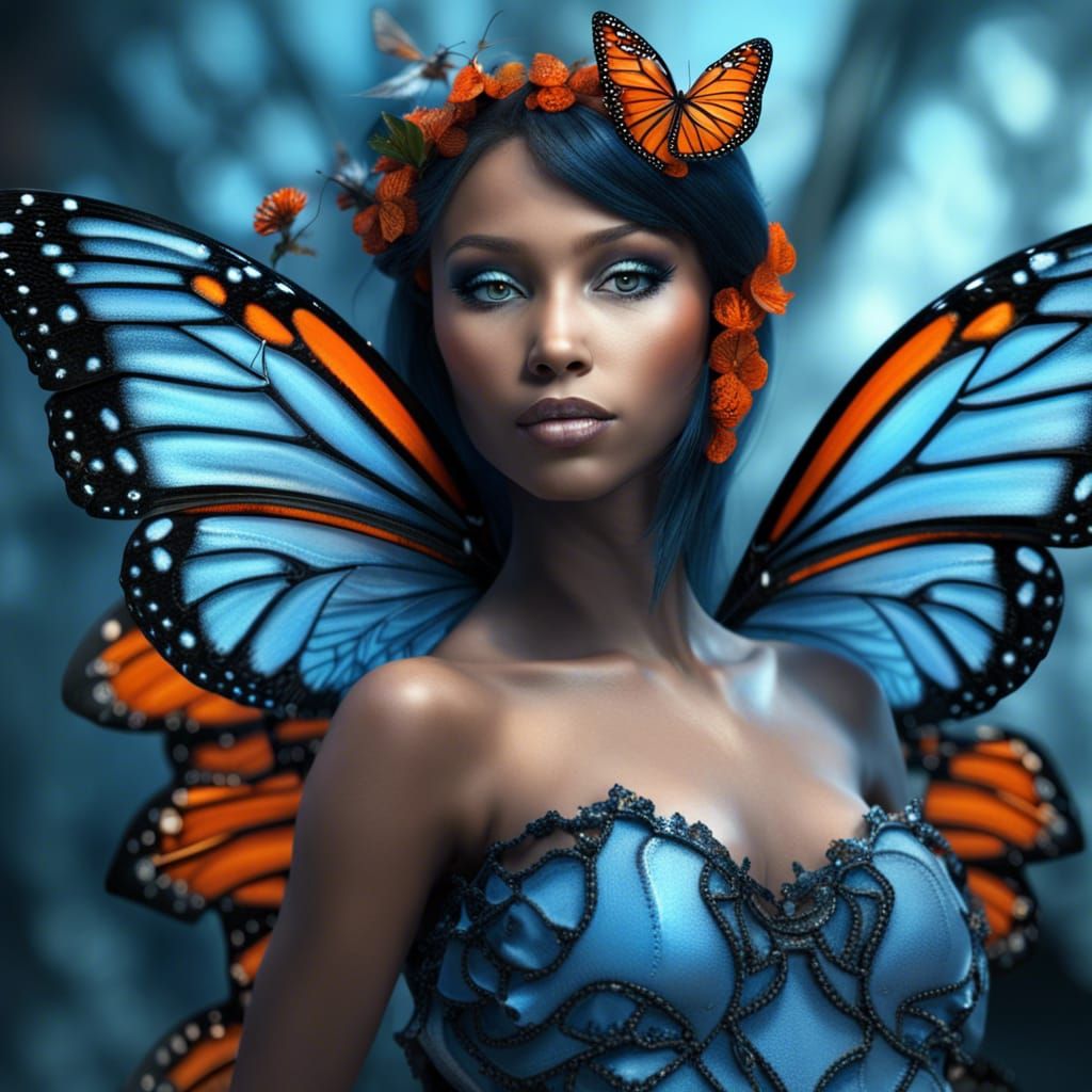 Light Blue Fairy with Butterfly Wings in HDR