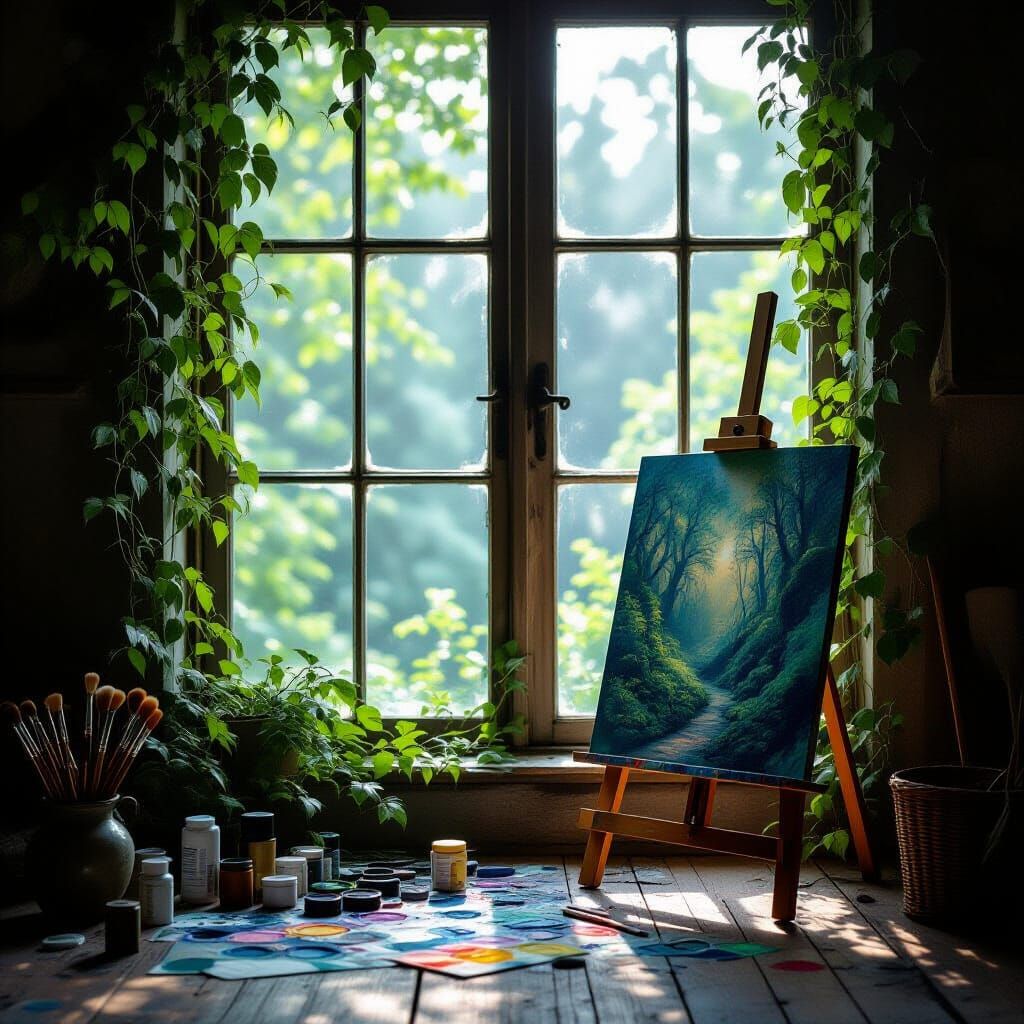 Ethereal Studio Scene with Forest View in Pastel Light