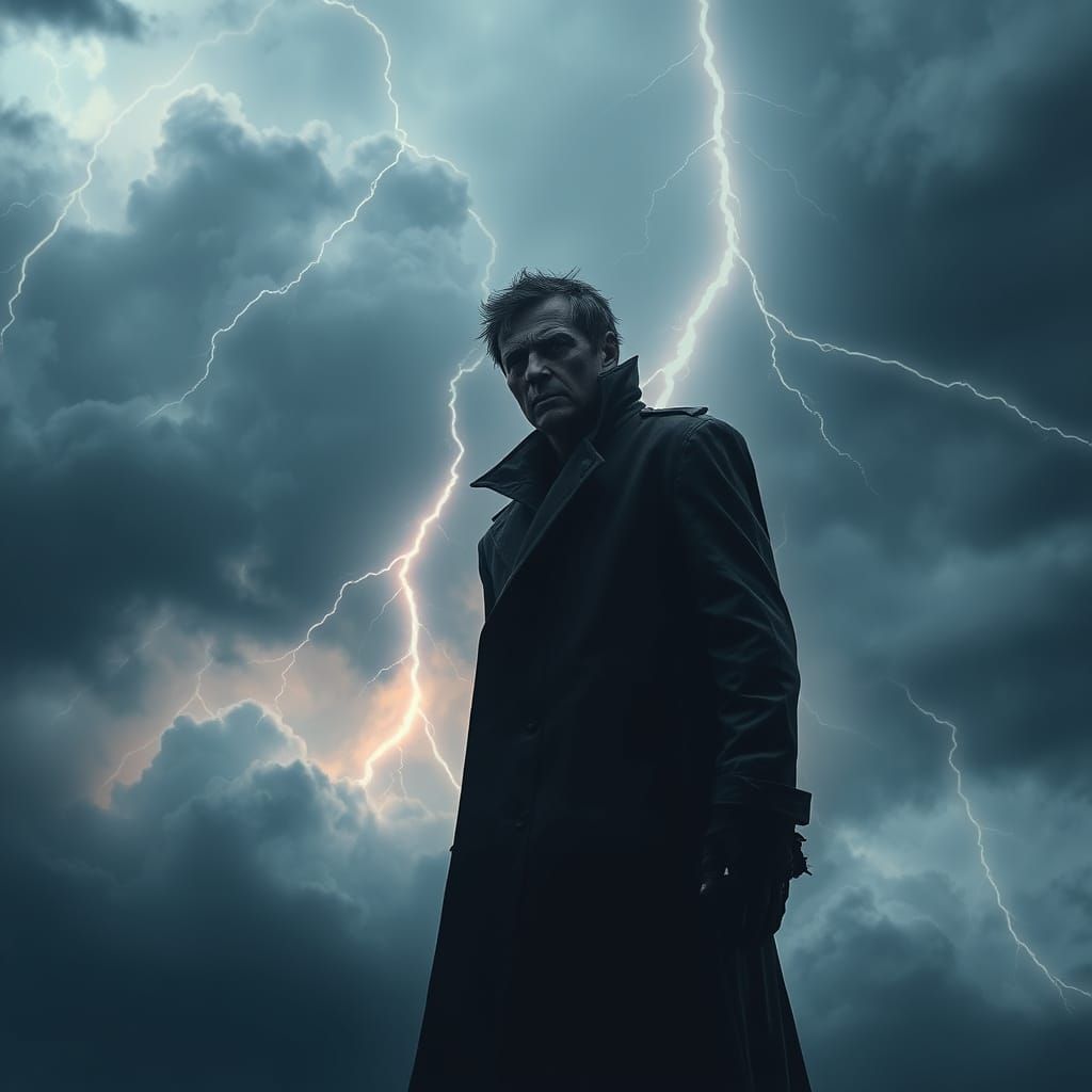 Emotional Figure Amidst Cyberpunk Thunderstorm