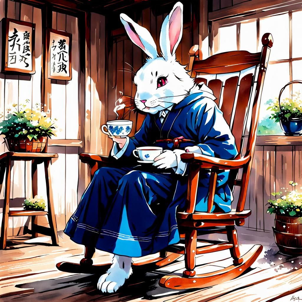 Rabbit Sipping Tea in Anime Style