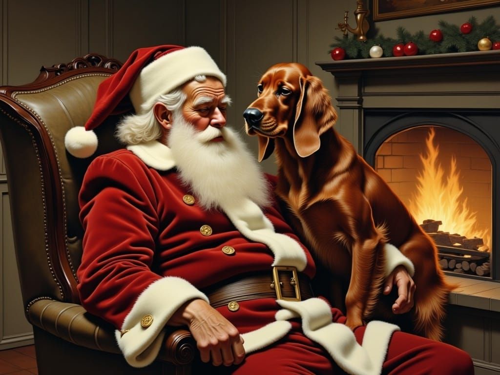 Cozy Christmas Scene with Santa and Irish Setter