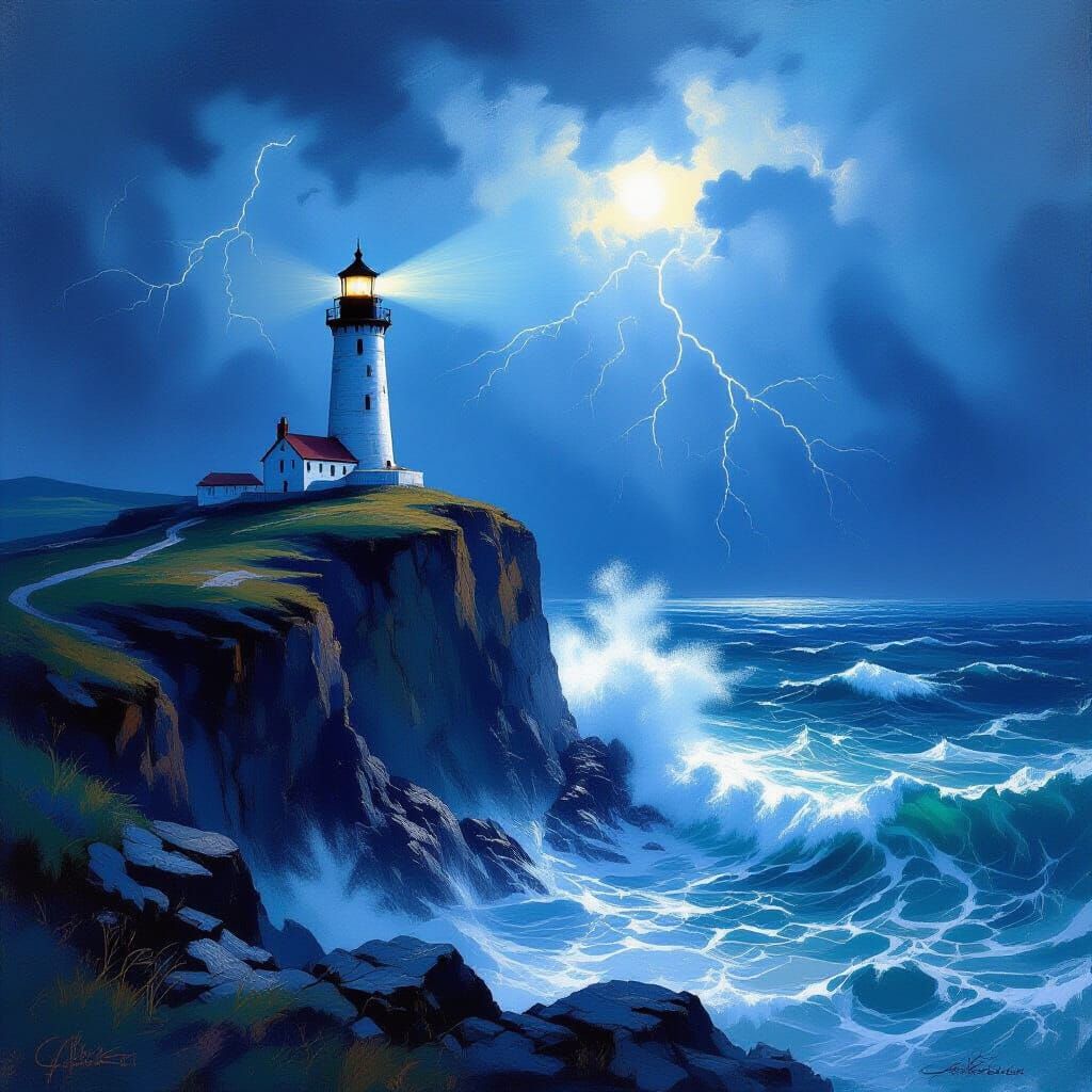 Lighthouse in Stormy Seas as Digital Painting