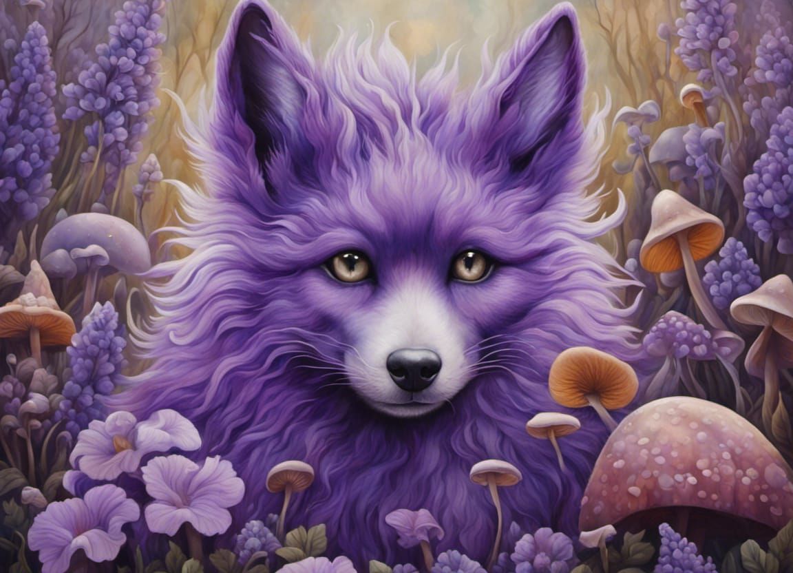 Vivid Purple Kitsune in Hyperdetailed Airbrush Painting