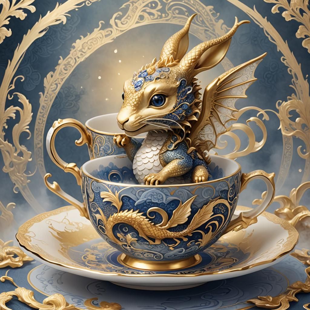 Sapphire Dragon in Teacup: Art Nouveau Whimsy
