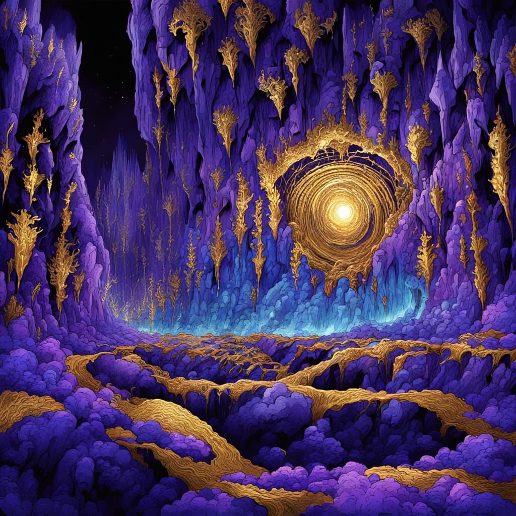 Golden Rivers in Crystal Caves with Bioluminescent Flora