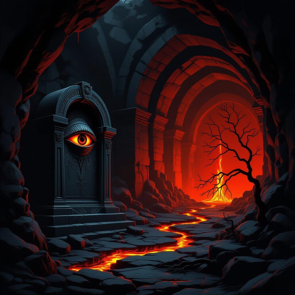 Eerie Tomb With Eye Artifact and Lava Streams