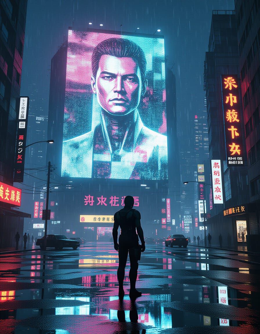 Android in Neo-Noir Cityscape Under Holographic Ad