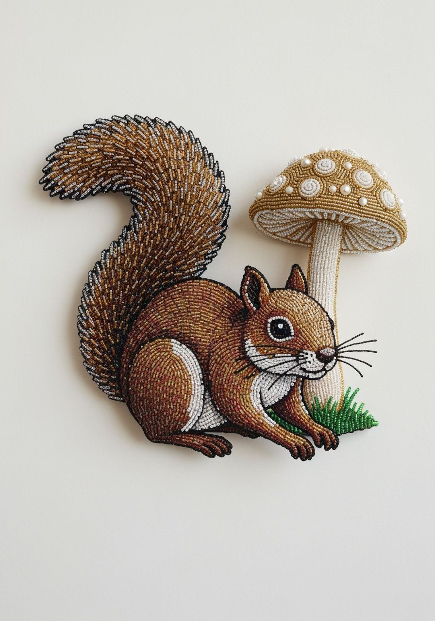 Beaded Squirrel and Mushroom: Whimsical Beadwork Sculpture