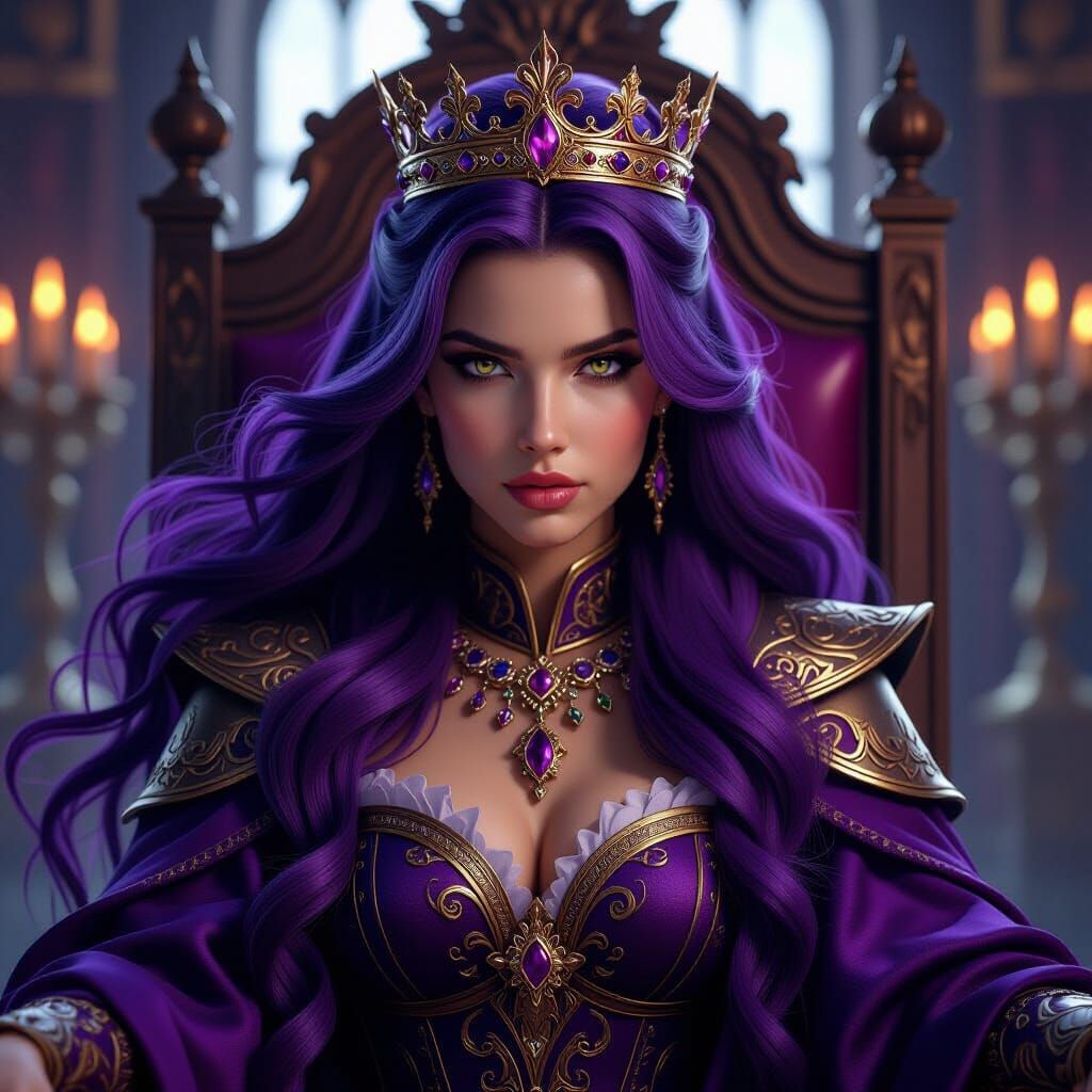Powerful Fantasy Queen with Purple Hair on Throne