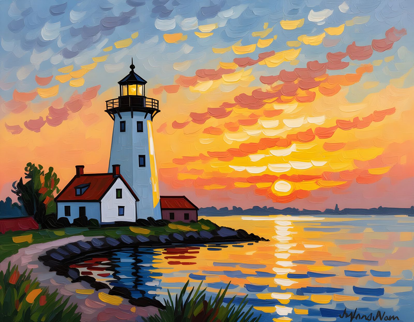 Oil Painting of a Lighthouse at Sunset