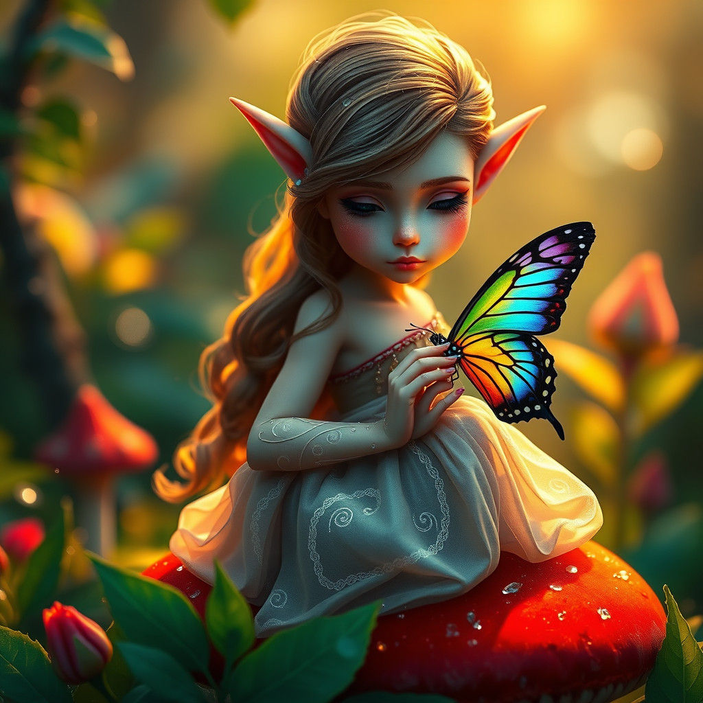 Elf Woman with Butterfly, Hyperrealistic Concept Art