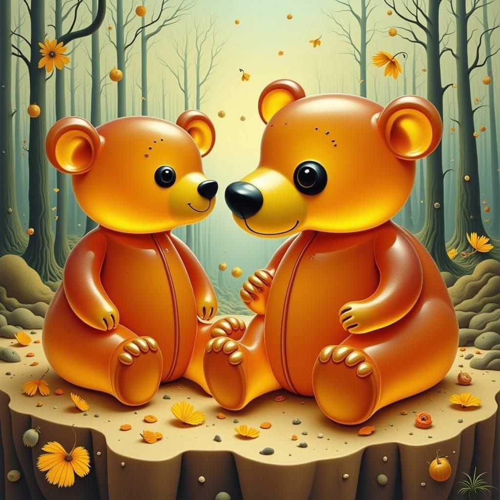 Cute Honey Bears in Whimsical Woodcut Style