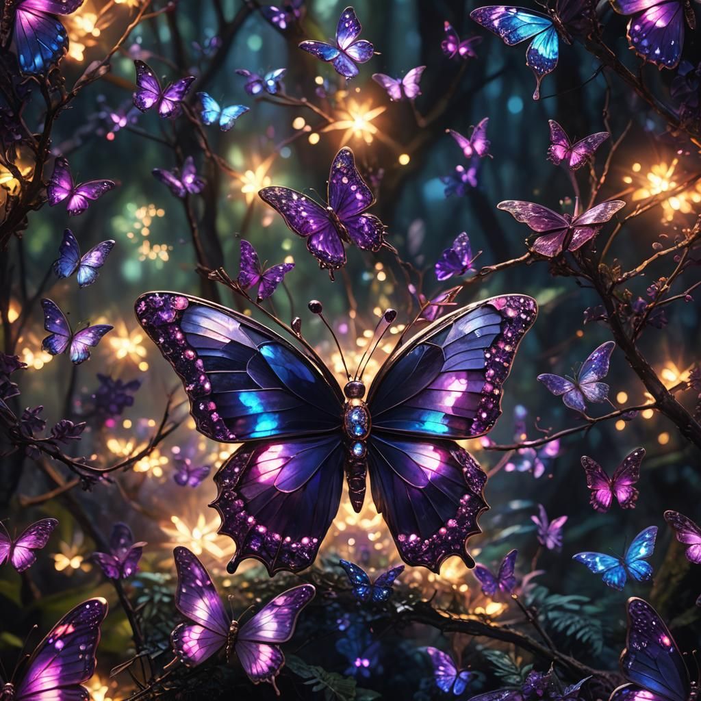 Gemstone Butterfly Shimmers in Mystical Forest