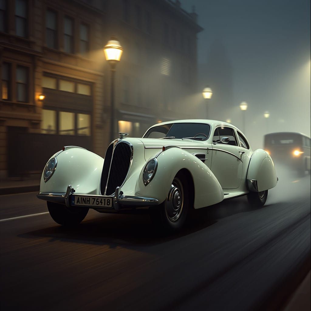 Ivory White Steampunk Retro-Futuristic Super Car Speeding Th...